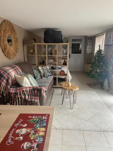 a living room with a couch and a christmas tree at Petite maison cosy Chez Georges in Auxonne