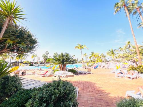 a beach with chairs and palm trees and a pool at Prime garden-view Studios in Arona