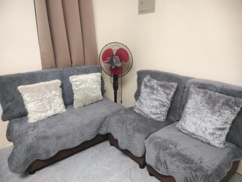 a grey couch with pillows and a fan at Wyne's Tiny House near Royal Farm Resort in Dipolog