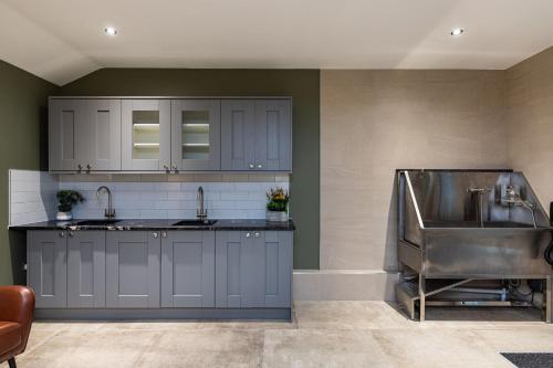 a kitchen with gray cabinets and a sink at Rock Mill 1 Bed Apartment 15 in Stoney Middleton