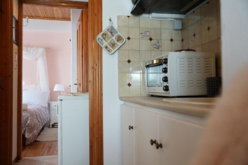 a kitchen with a microwave on top of a counter at Boutique Arachova Retreat - Peaceful Mountain View in Arachova