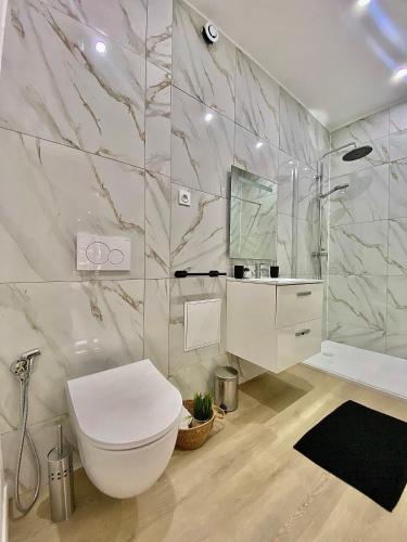 une salle de bain blanche avec des toilettes et un lavabo dans l'établissement Comfort CHU Lille, à Lille