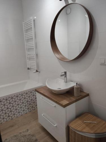 シュフィエボジツェにあるApartament Piastowskiの洗面台と壁に鏡が付いたバスルーム