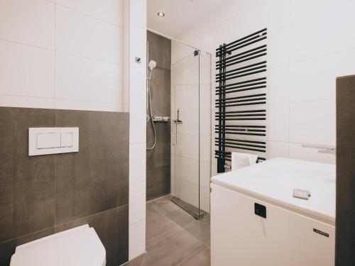 ein Badezimmer mit Toilette und Dusche in der Unterkunft Studio Niederseer by we rent, JOKERCARD INCLUDED in Saalbach-Hinterglemm