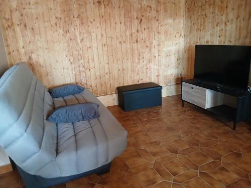 a living room with a couch and a television at Gîte chez jeantou in Montgreleix