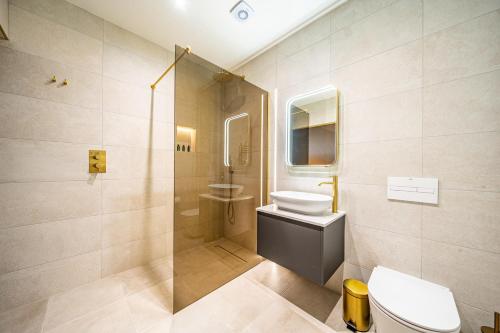 a bathroom with a toilet and a sink and a shower at St Marys Quarters in Nottingham