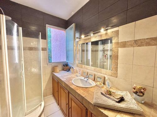 une salle de bain avec un lavabo et une douche dans l'établissement Appartement vue mer Santa Lina F, à Ajaccio