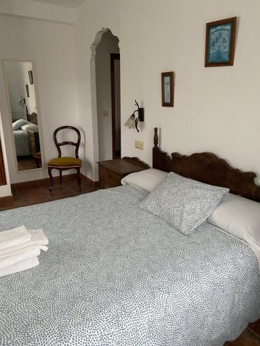 a bedroom with a bed and a chair and a mirror at La Fragua del Canajal apartamentos in San Cosme