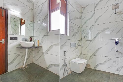 two pictures of a bathroom with a sink and a toilet at Utpala House By Lifestyle Stays in Sissu