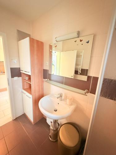 a bathroom with a sink and a toilet and a mirror at Natur und Meer in Graal-Müritz