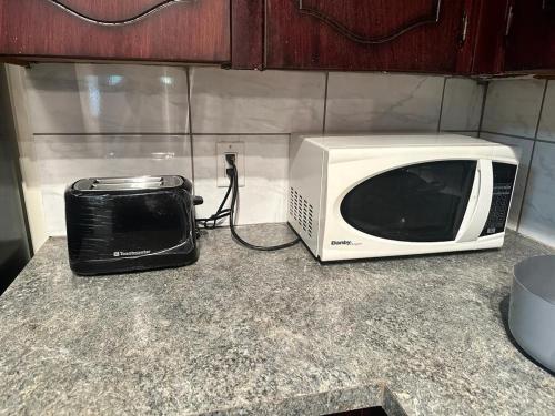 un microondas sentado en un mostrador junto a un horno tostador en Cozy & bright private one-bed rm, en Edmonton