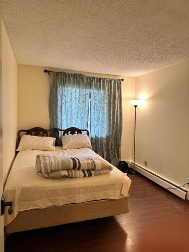 a bedroom with a large bed with a window at Cozy & bright private one-bed rm in Edmonton