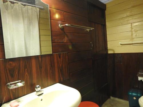 a bathroom with a sink and a toilet and a mirror at Wattarantanne homestay in Kandy