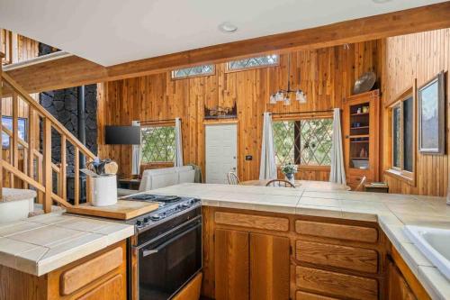 eine Küche mit Holzwänden und einem Herd mit Backofen in der Unterkunft Crystal Creek Cabin in Welches