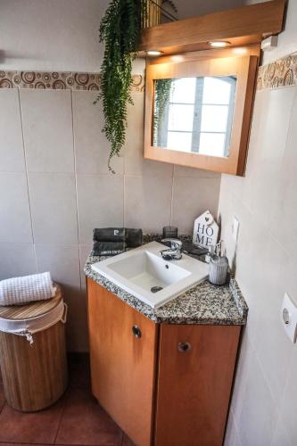 a bathroom with a sink and a trash can at Fun and Fly House in Praia da Vitória