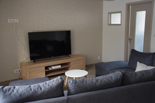 un salon avec un canapé et une télévision à écran plat dans l'établissement Chez Boucharet, à Ceyssat