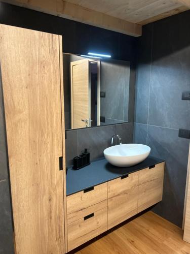 a bathroom with a sink and a mirror at Casa Franz in Tesero