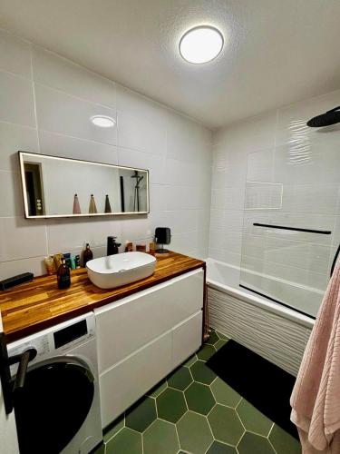 une salle de bain avec un lavabo et une baignoire dans l'établissement Appart Standing, Jardin, Terrasse, Parking, à Montpellier