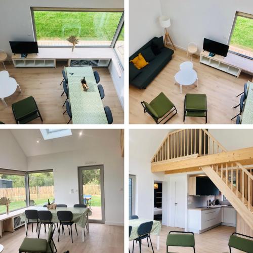 Elle offre une vue sur un salon et une salle à manger. dans l'établissement La cabine du bout du monde avec Mezzanine , votre maison de vacances de haut standing, à Crozon