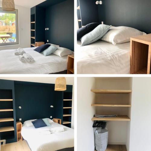 Cette chambre comprend 2 lits et un mur bleu. dans l'établissement La cabine du bout du monde avec Mezzanine , votre maison de vacances de haut standing, à Crozon