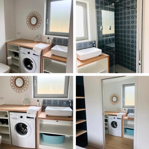 La salle de bains est pourvue de 2 lavabos, de 2 lavabos et d'une douche. dans l'établissement La cabine du bout du monde avec Mezzanine , votre maison de vacances de haut standing, à Crozon