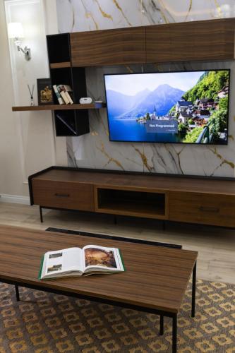 Μια τηλεόραση ή/και κέντρο ψυχαγωγίας στο Stylish 1 Bedroom Apartment with Large Private Terrace and Rudaki Park Views in Central Dushanbe