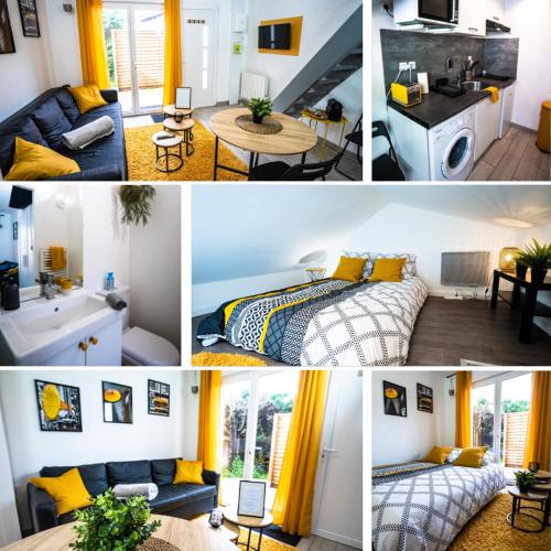 un collage de quatre photos d'une pièce dans l'établissement Le Gabriele de Pessac, à Pessac