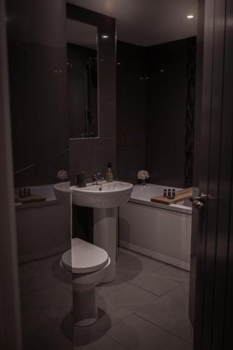 a bathroom with a sink and a tub and a toilet at Central Llandeilo with Stunning views- Sleeps 2 in Llandeilo