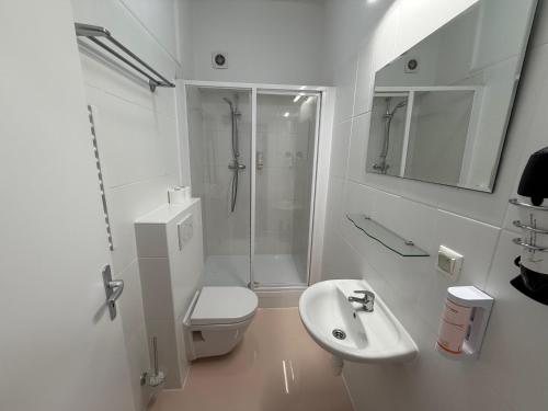 a bathroom with a shower and a toilet and a sink at Gremium Apartments in Bratislava