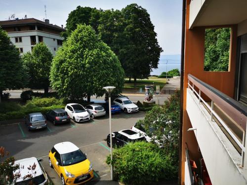 un groupe de voitures garées sur un parking dans l'établissement T1 bis à deux pas du Belvédère, à Thonon-les-Bains