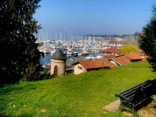un banc sur une colline surplombant un port dans l'établissement T1 bis à deux pas du Belvédère, à Thonon-les-Bains