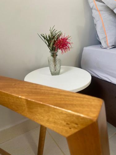 a table with a vase with a plant on it at Sabiá & C0 Casa Hotel Suítes in Prado