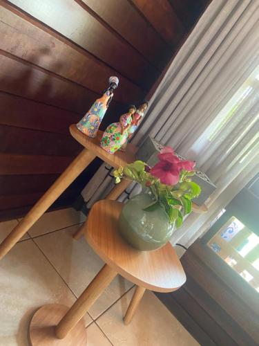 a table with a vase with a plant on it at Sabiá & C0 Casa Hotel Suítes in Prado