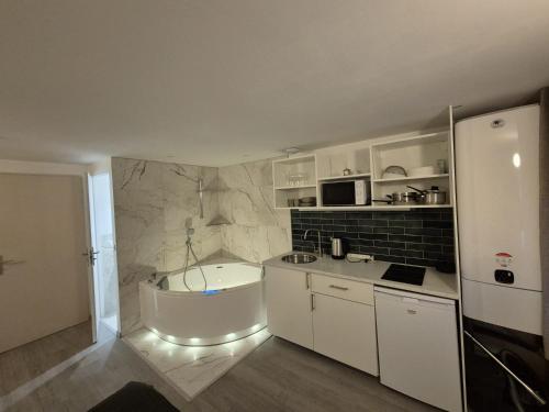 La cuisine est équipée d'une baignoire, d'un évier et d'un réfrigérateur. dans l'établissement Studio de Charme avec Jacuzzi - Escapade Relaxante, à Strasbourg