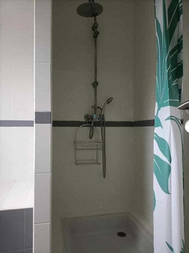 La salle de bains est pourvue d'une douche. dans l'établissement Biscarosse Ville - Maison 10 pers - 4 ch - Jardin - Lac - Océan, à Biscarrosse