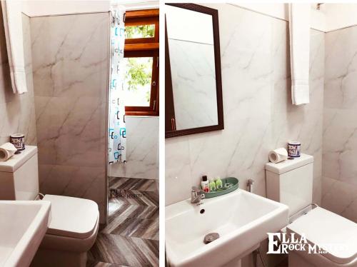Dos imágenes de un baño con inodoro y lavabo. en Ella Rock Mystery Guest, en Ella
