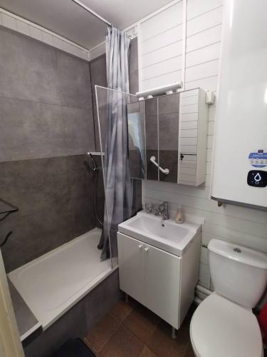 une salle de bain avec toilettes, lavabo et douche dans l'établissement AS18262 - Studio en Centre Ville, au Grau-du-Roi