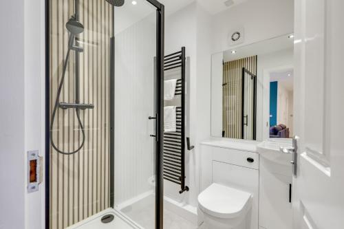 a bathroom with a shower and a toilet and a sink at Darjeeling at The Tea Warehouse - North East Escapes in Alnwick