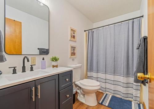a bathroom with a sink and a toilet and a shower at Lucky Dozen Lakehouse in Winchester