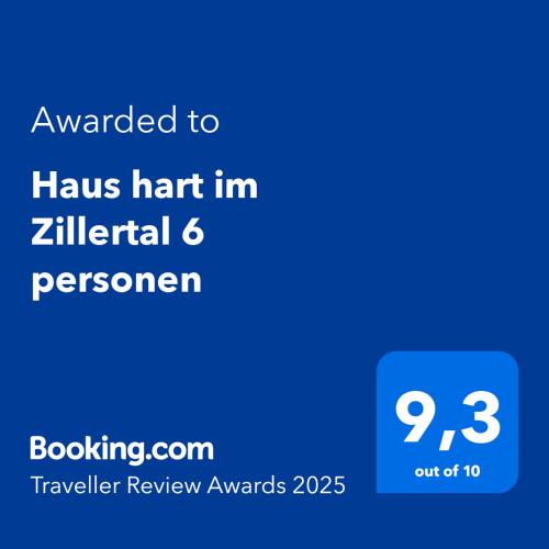 Certifikát, hodnocení, plakát nebo jiný dokument vystavený v ubytování Haus hart im Zillertal 6 personen