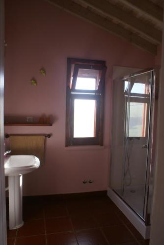 a bathroom with a shower and a sink and a window at Green and Blue Cottage - Green Room in Ribeira Grande