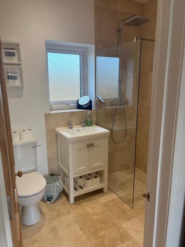 un bagno con wc, doccia e lavandino di Mains of Greenlaw Cottage a Castle Douglas