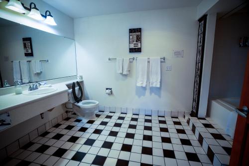 a bathroom with a black and white checkered floor at Nuk's Executive Suites in De Pere