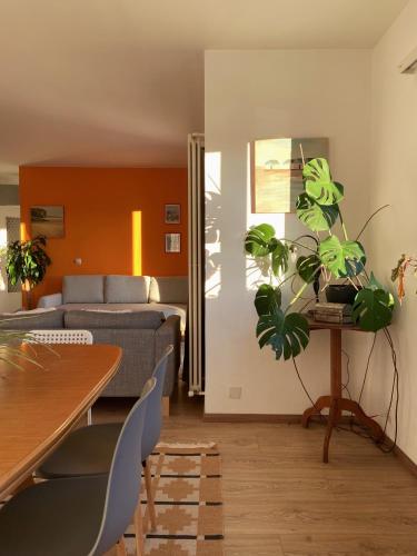 a living room with a couch and a table with a plant at Casa Cristina in Roveredo Capriasca