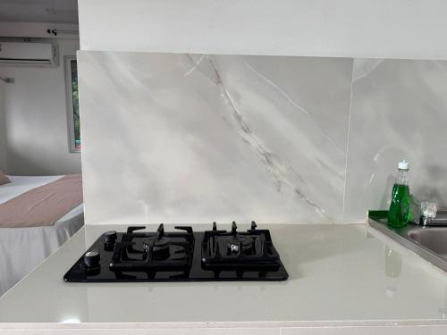 a stove top oven sitting on top of a kitchen counter at Shell Sea B & B in Santa Catalina Island