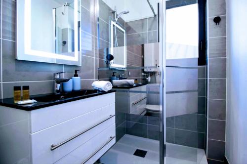 une salle de bain avec un lavabo et une douche en verre dans l'établissement Haut de villa 2P, jardin, clim, prise VL Electrique, à Saint-Paul-de-Vence