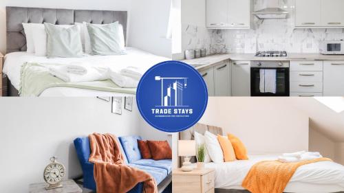 a collage of three photos of a bedroom with two beds at Modern House with Gated Driveway and Free WiFi in Luton