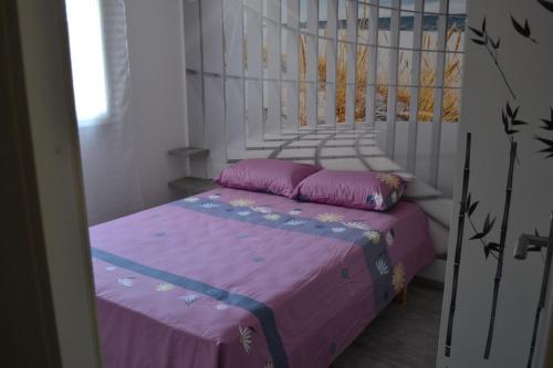 een slaapkamer met een bed met paarse lakens bij Appartement T2 Cap d'Agde in Cap d'Agde