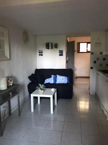 un salon avec un canapé et une table dans l'établissement Mini villa a 300m de la plage, à Zonza