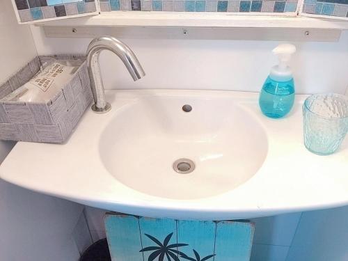 a white sink with a bottle of soap and a glass at あさひシーサイドコテージ in Asahi